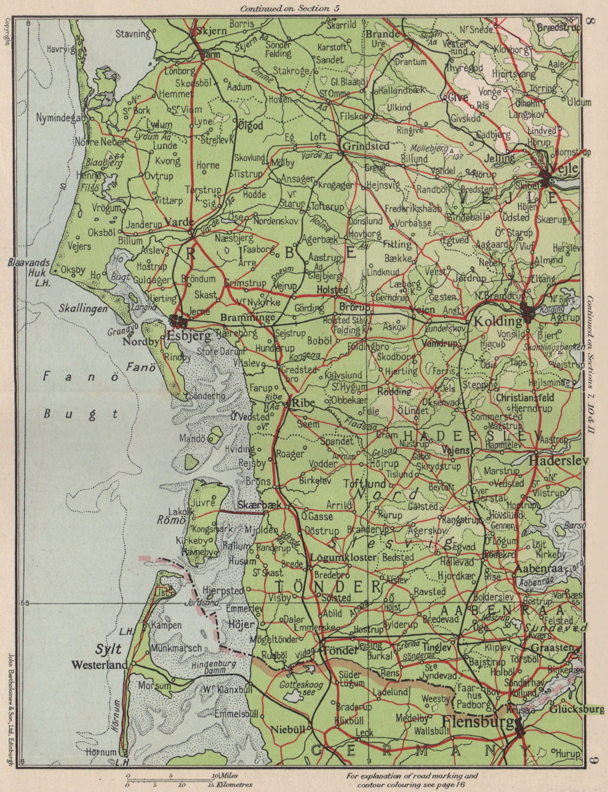 SOUTH DENMARK. Esbjerg Vejle Kolding Flensburg. Schleswig Jutland 1955 map